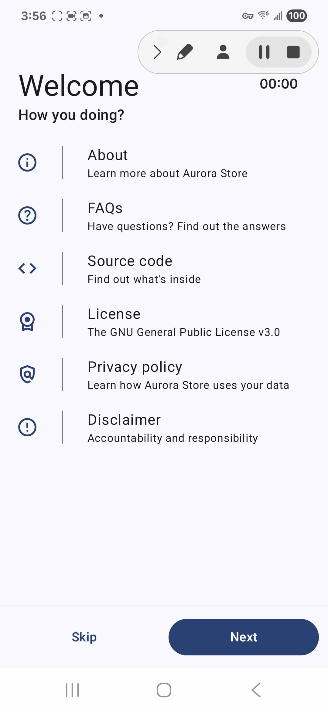 Aurora Store Android screenshot - Welcome and information links