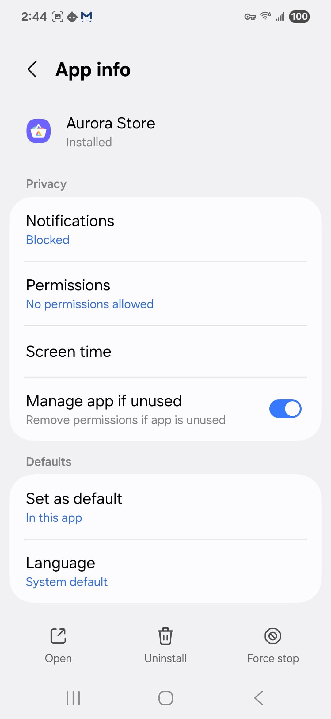 Aurora Store VirusTotal report - Android permission settings 1