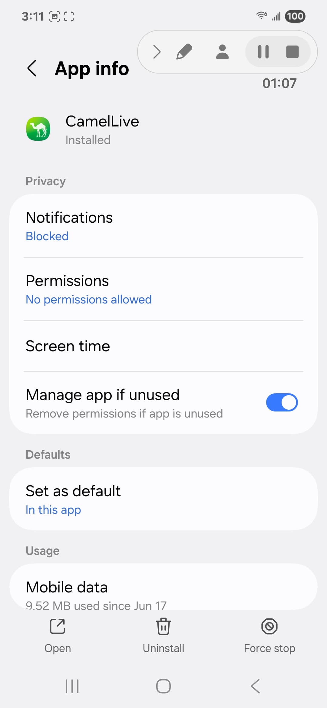 Camel Live VirusTotal report - Android system view 1
