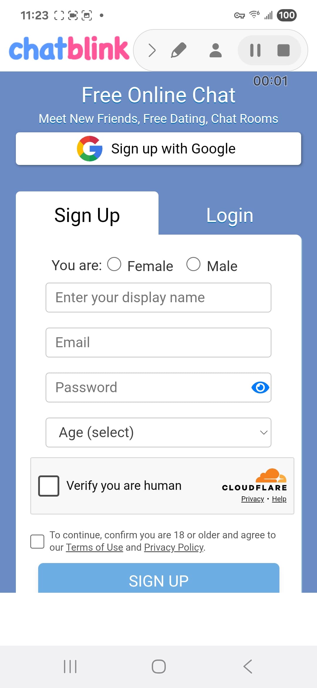 ChatBlink login form