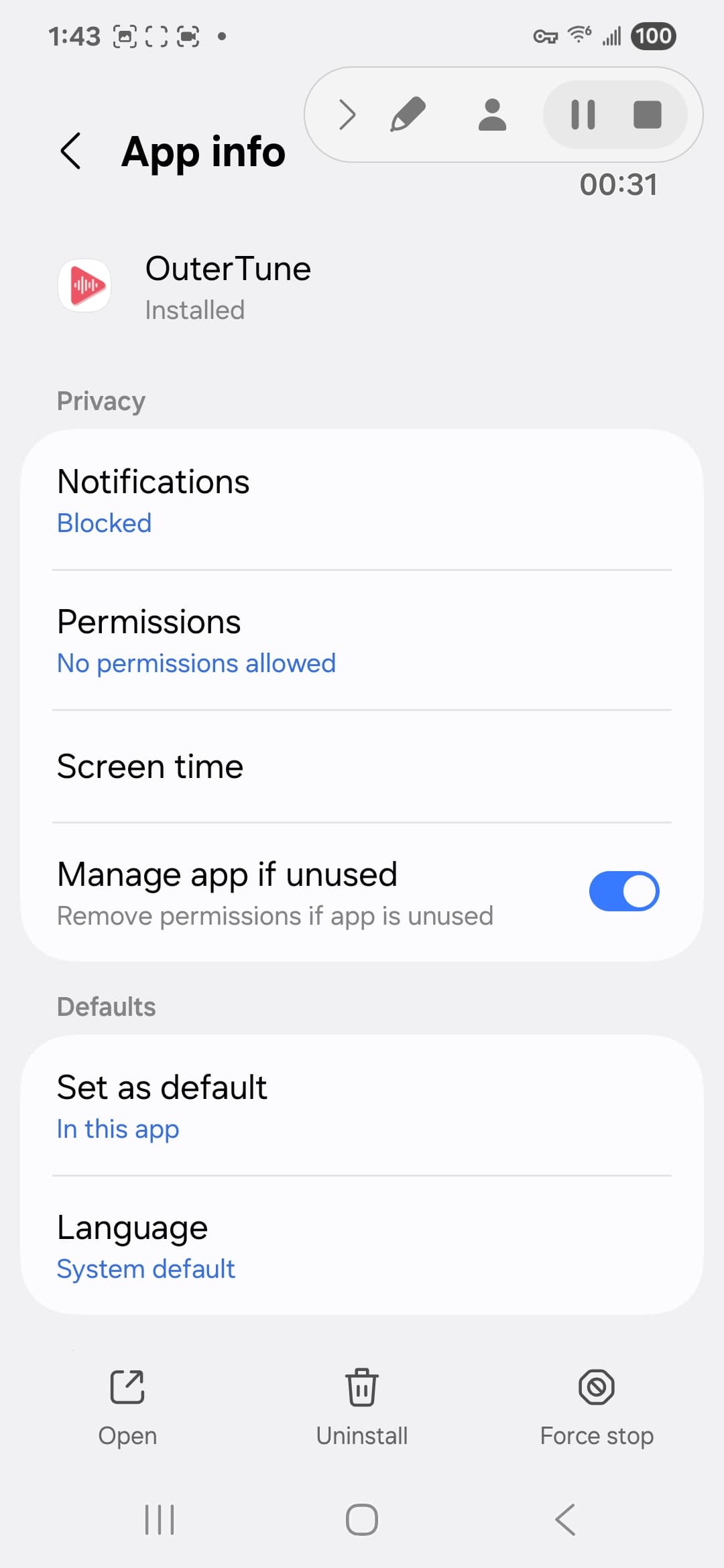 OuterTune VirusTotal report - Android system view 1