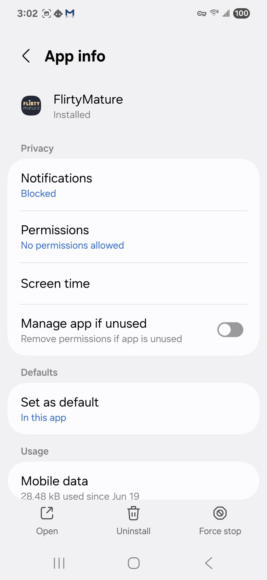 FlirtyMature VirusTotal report - Android permission settings 1