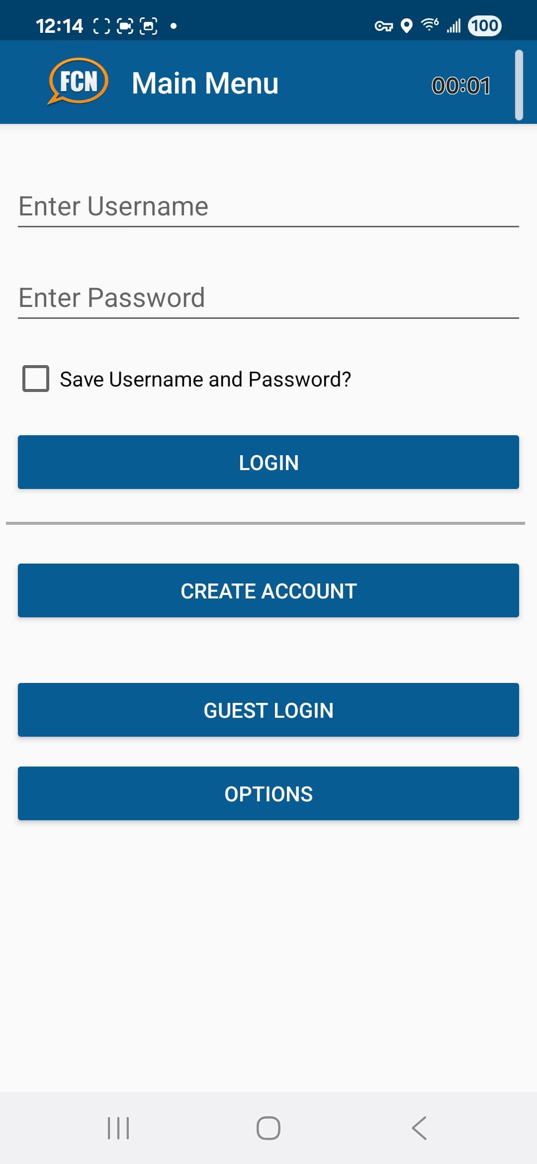 FCN Chat Android screenshot - Account and guest entry