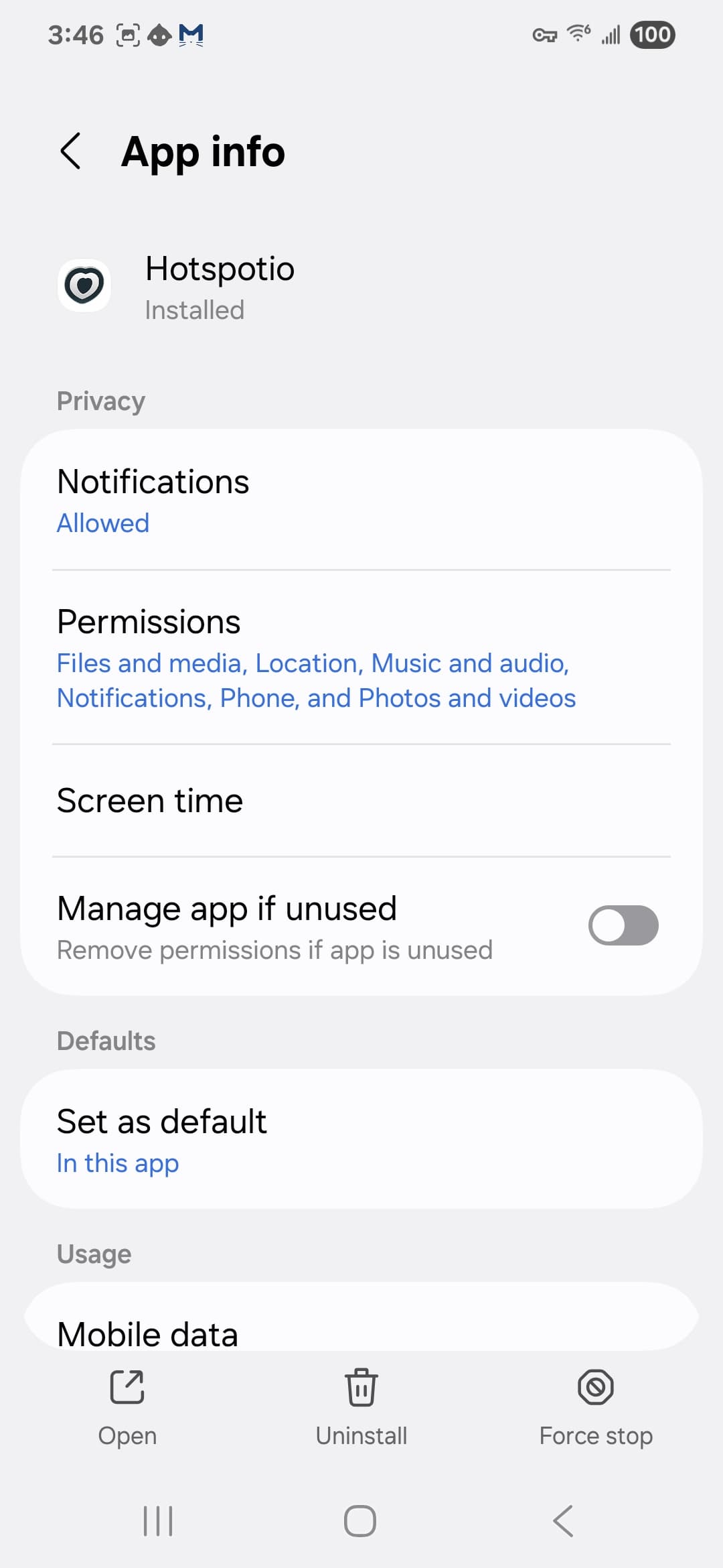 Hotspotio VirusTotal report - Android permission settings 1