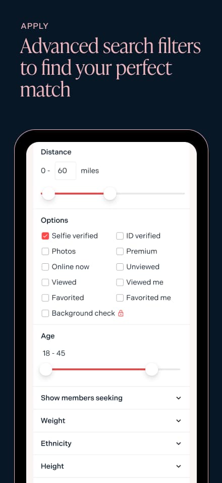 Seeking Android screenshot - Advanced profile filters