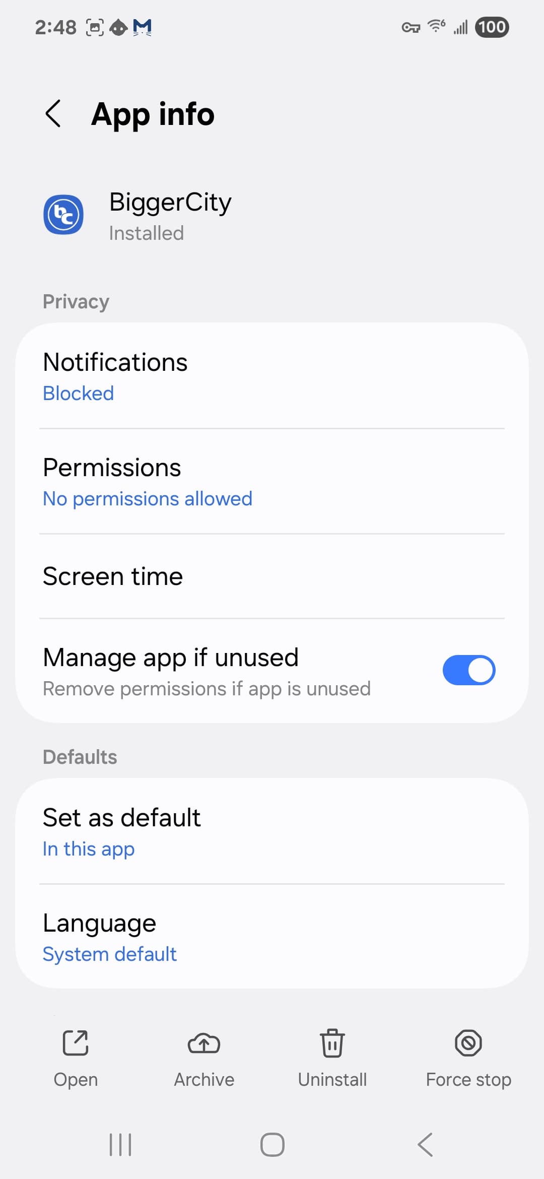 BiggerCity VirusTotal report - Android permission settings 1