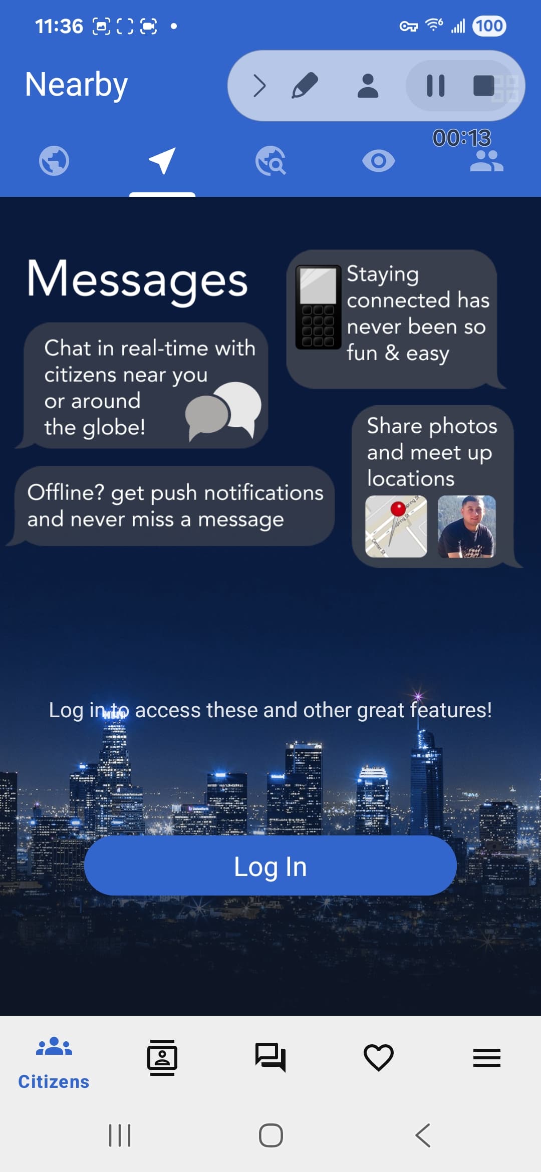 BiggerCity Android screenshot - Messages and connection details