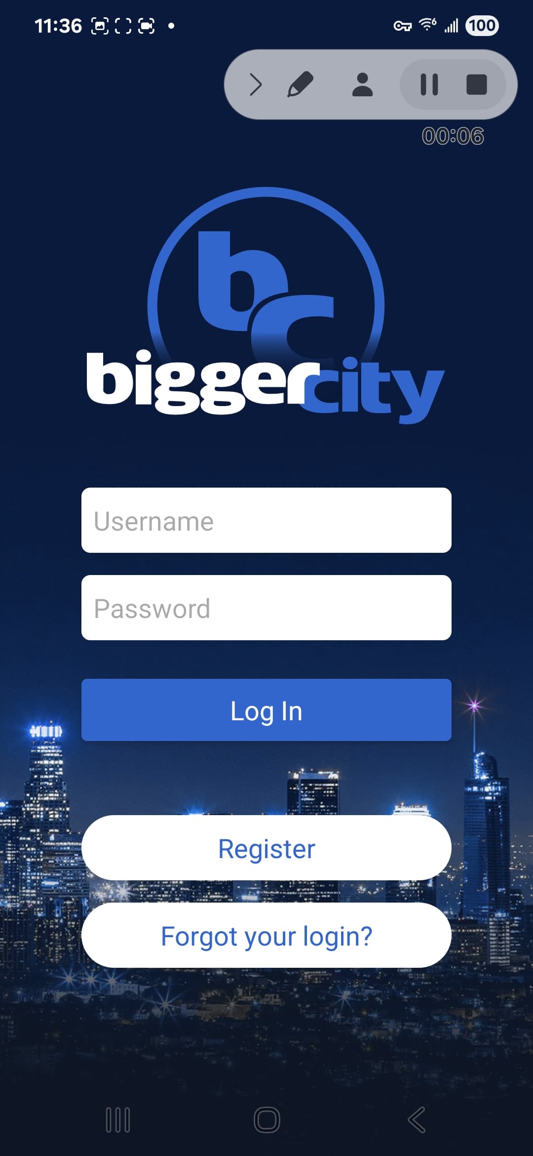 BiggerCity Android screenshot - Account sign-in