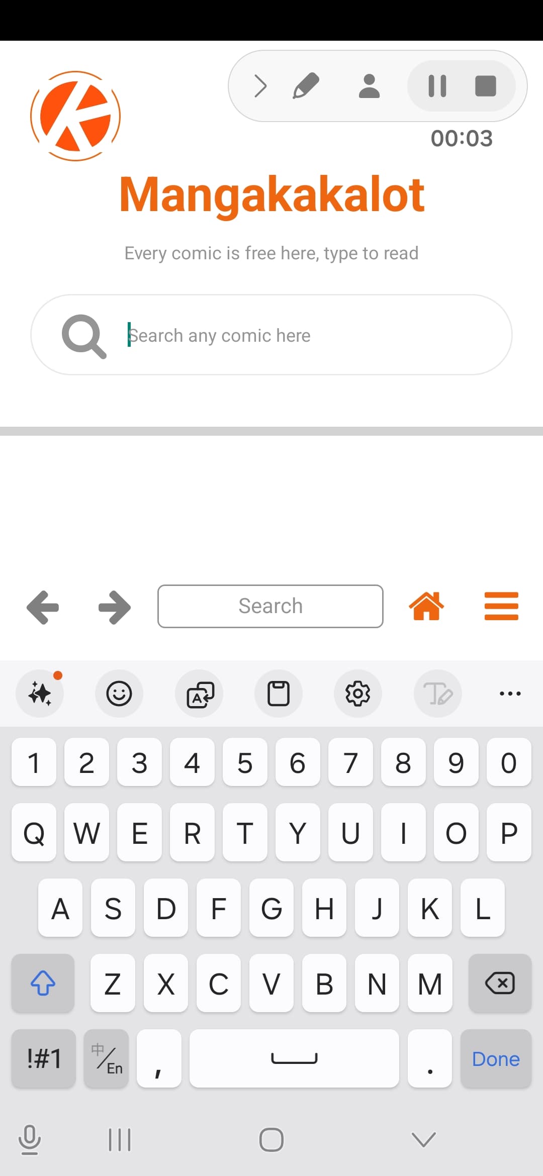 Mangakakalot Android screenshot - Home and comic search