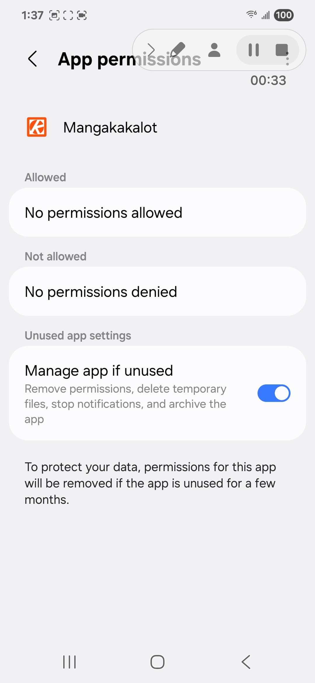 Mangakakalot VirusTotal report - Android permissions state
