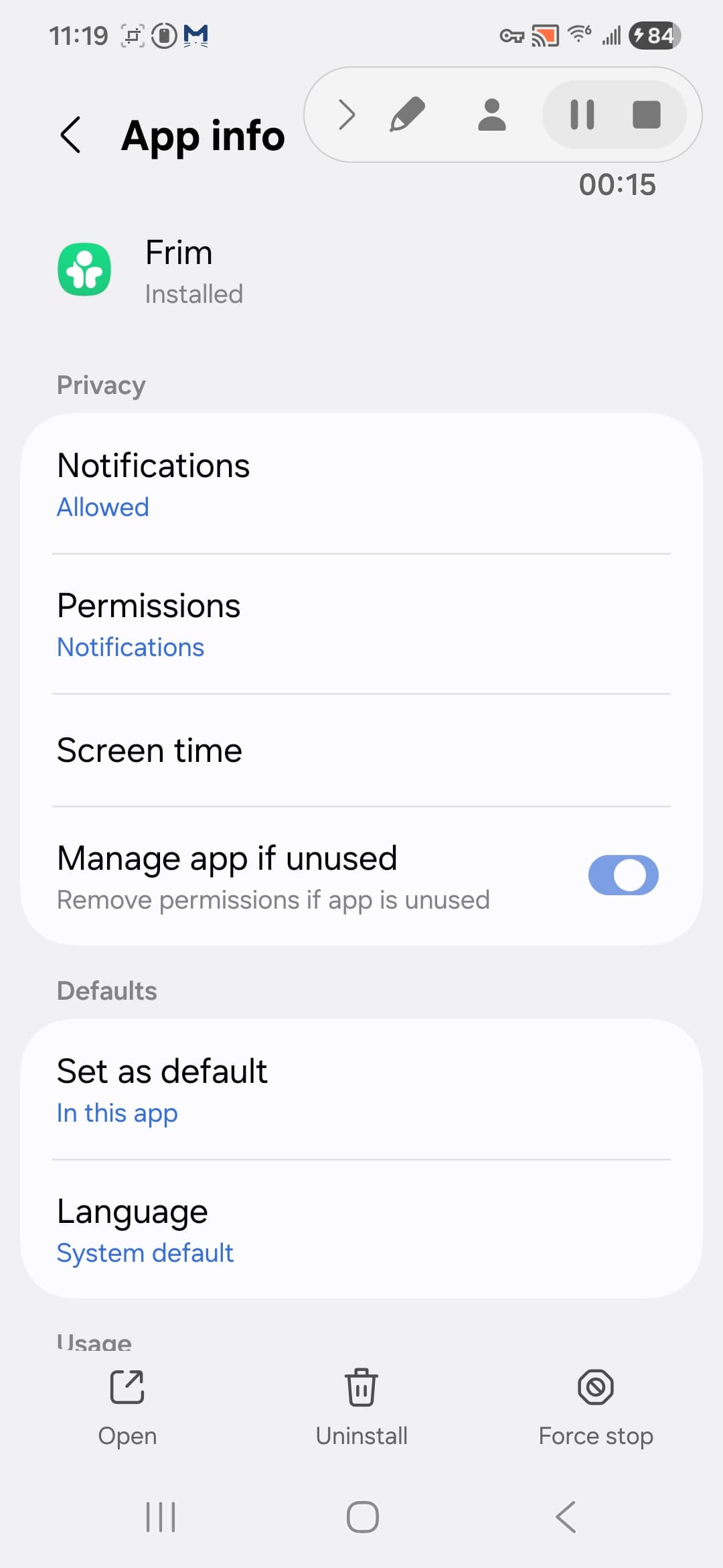 Frim Android App info