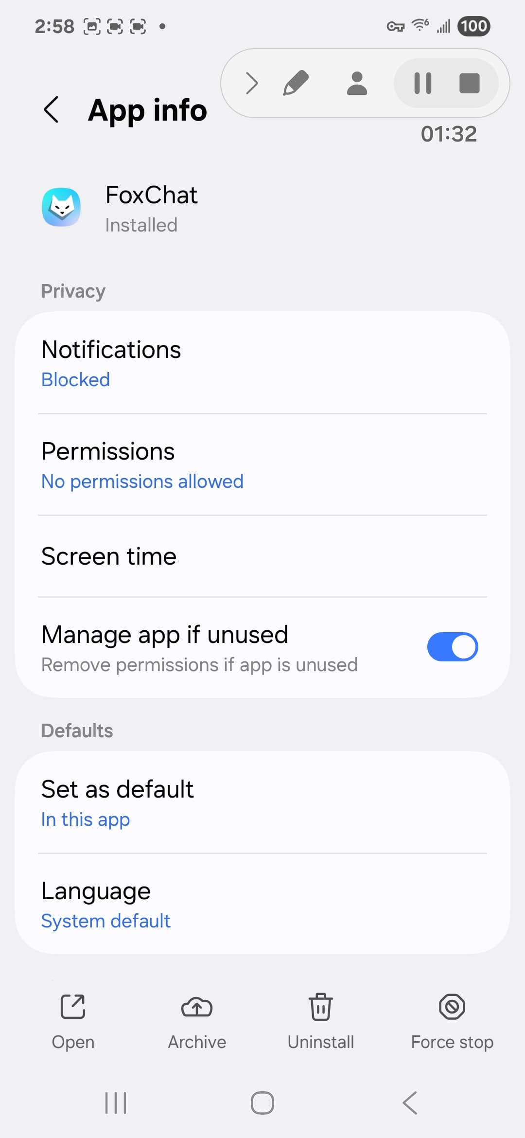 FoxChat VirusTotal report - Android system view 1