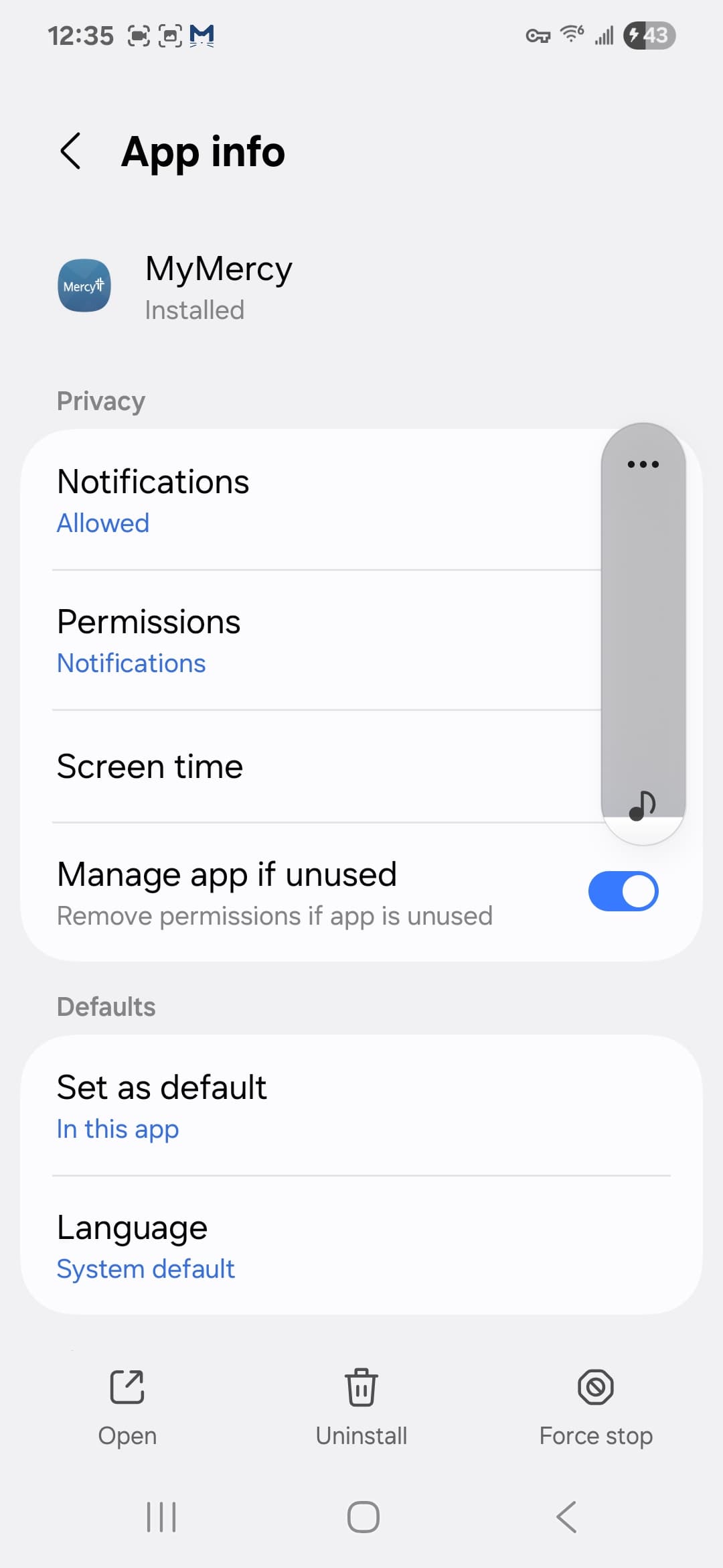 MyMercy Android settings 1