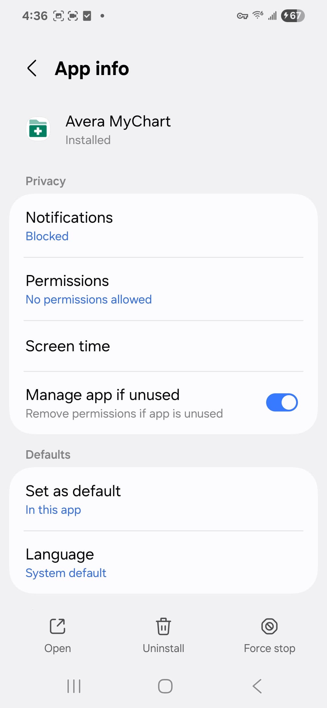 Avera MyChart VirusTotal report - Avera Android settings 1