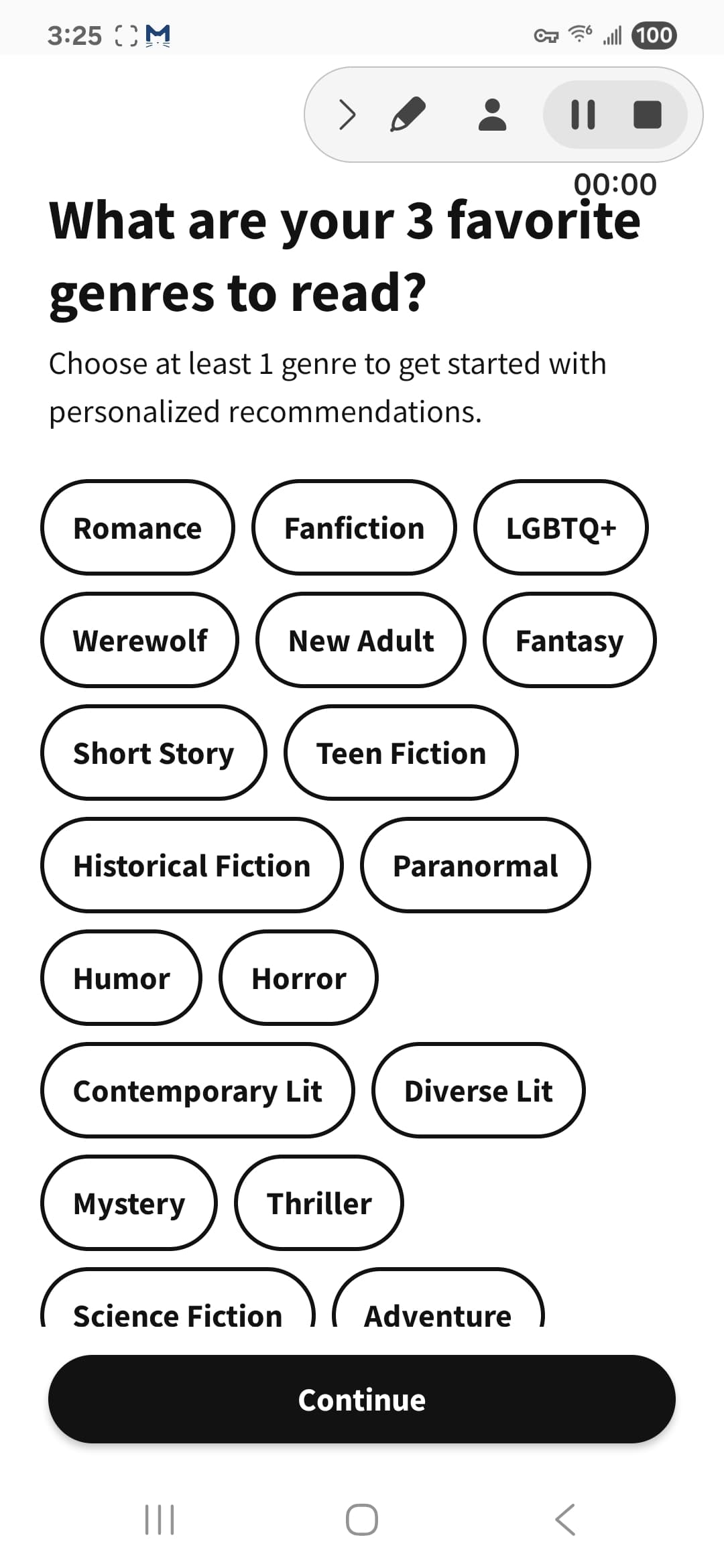 Wattpad Android screenshot - Genre preference onboarding