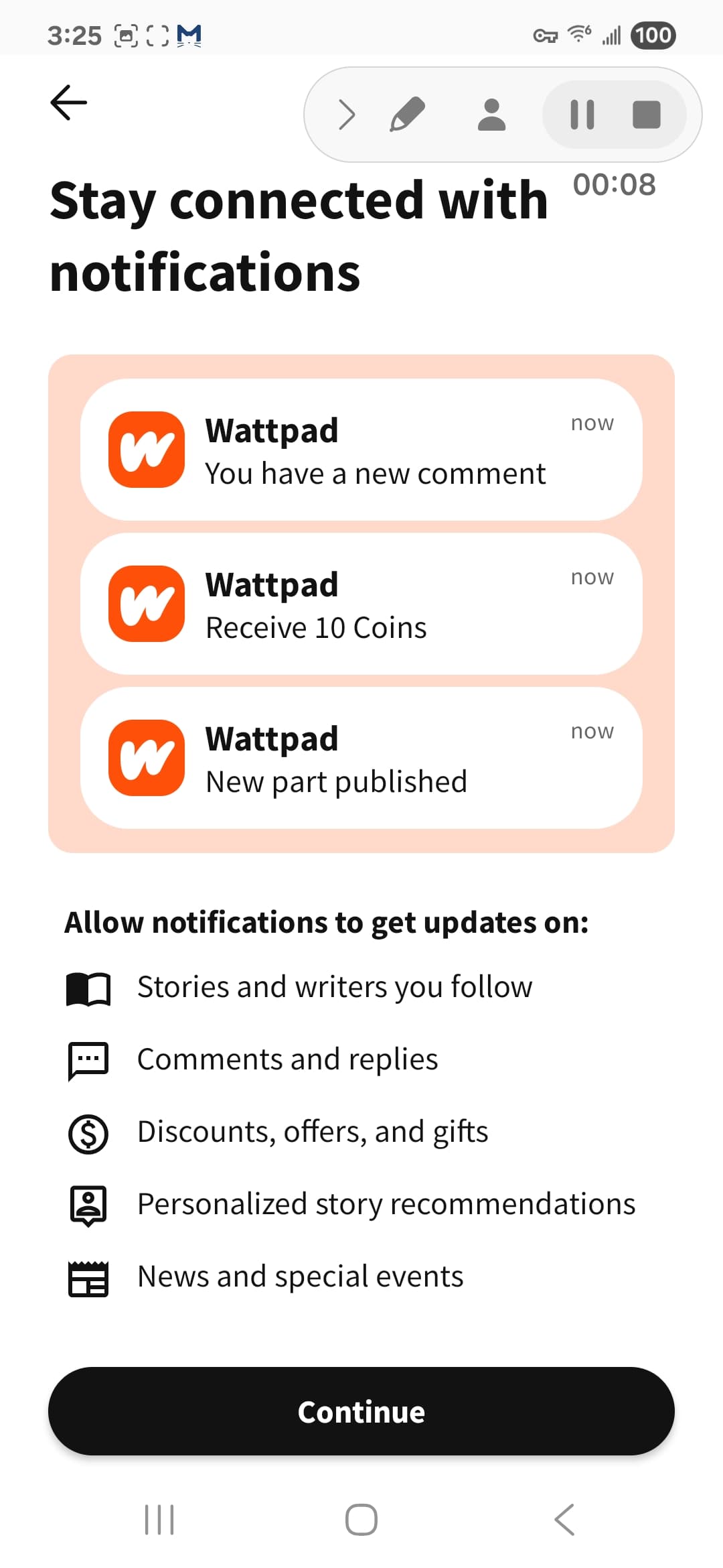 Wattpad Android screenshot - Notification onboarding