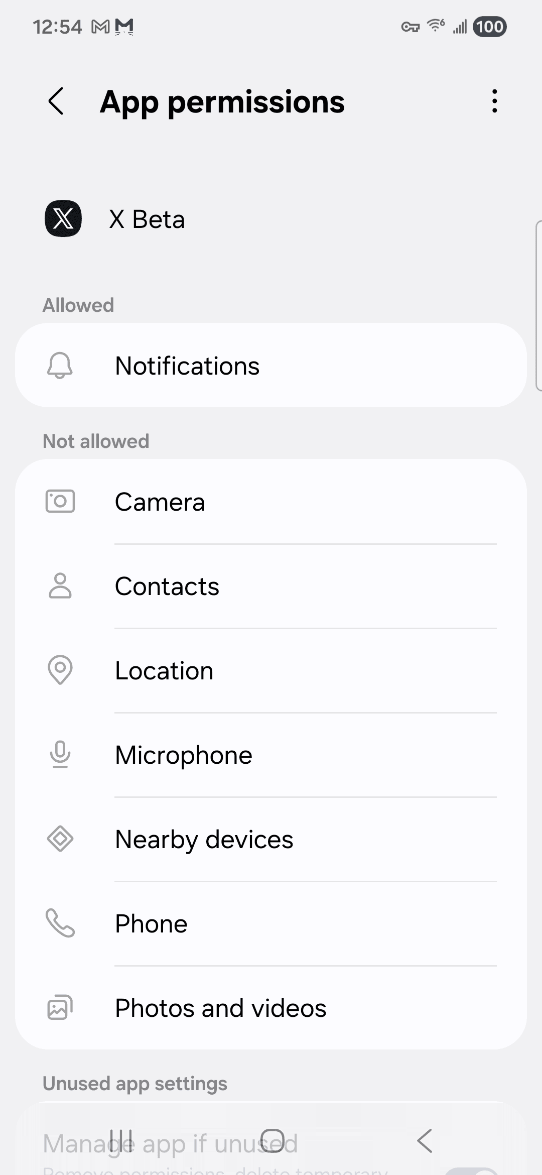 X Beta VirusTotal report - Android permissions list