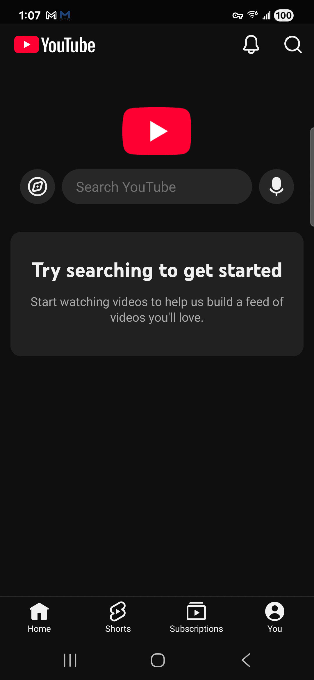 YouTube Home tab after startup