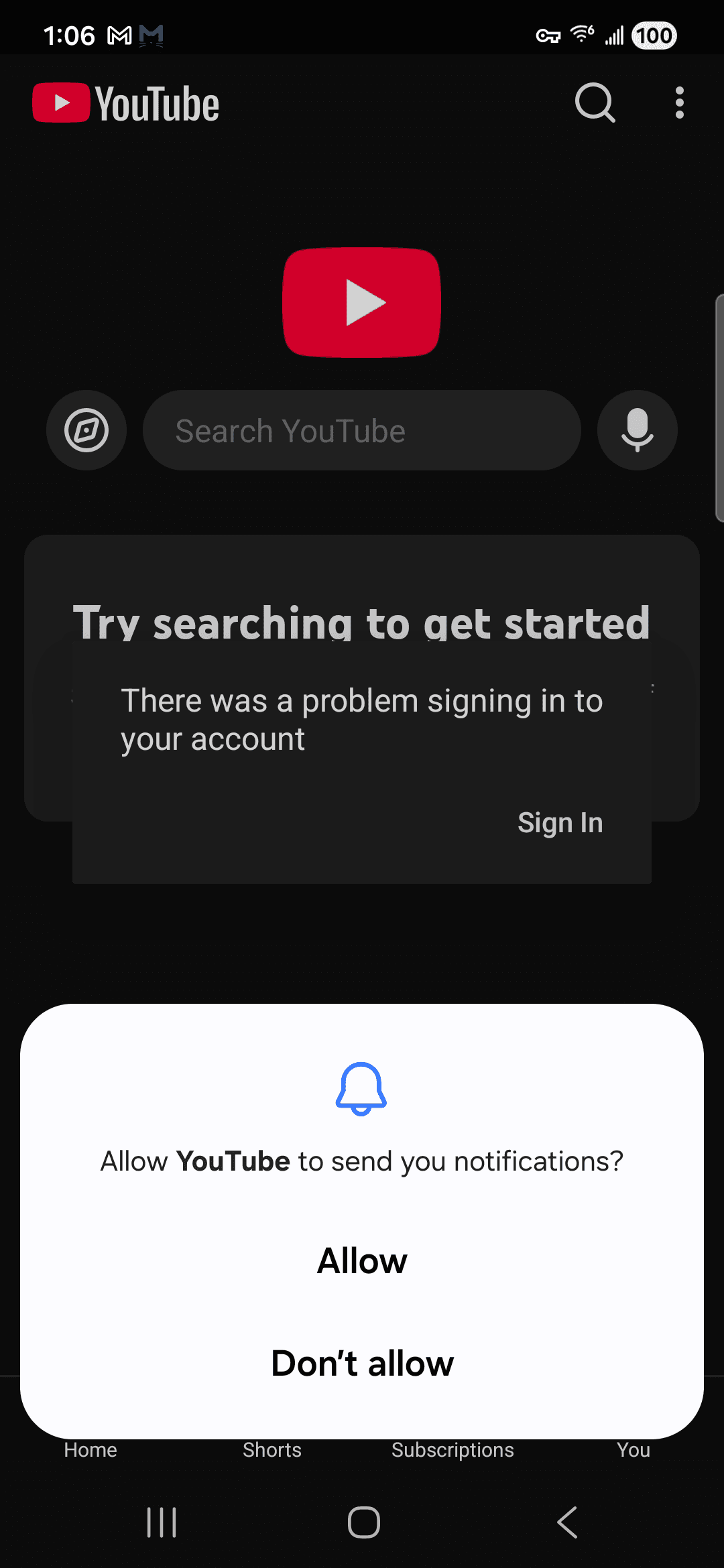 YouTube VirusTotal report - Notification permission prompt