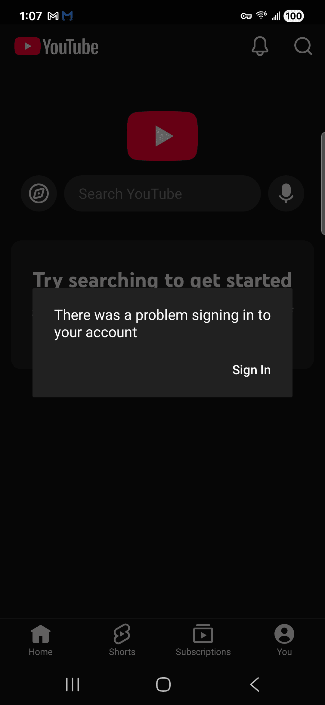YouTube VirusTotal report - Account sign-in problem dialog